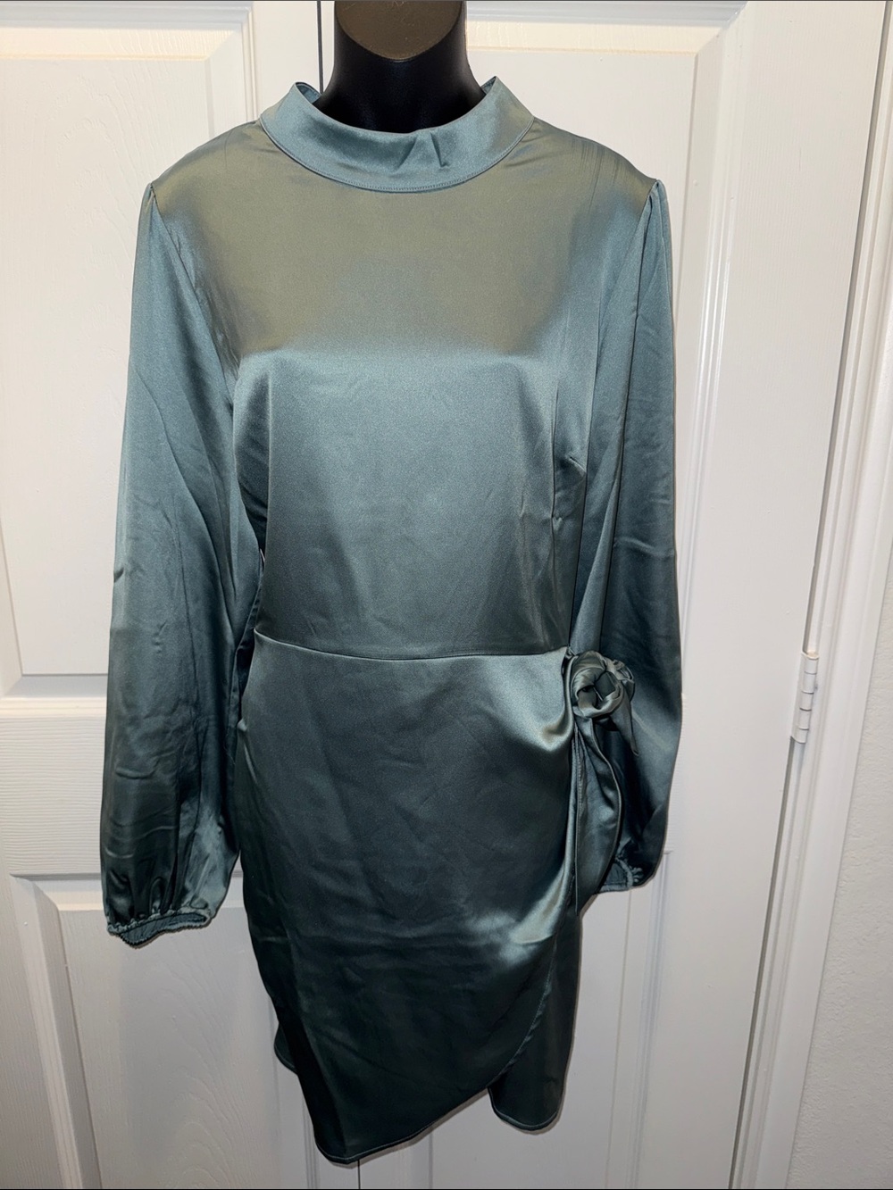 Cato Teal Satin Long-Sleeve High Neck Dress with Side Rosette
